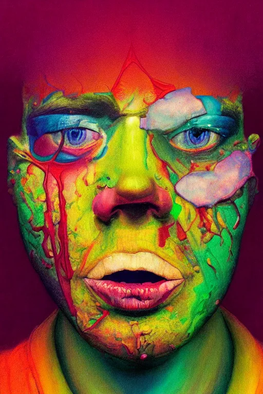 Prompt: a colorful vibrant closeup portrait of a painted face licking a tab of lsd acid on his tongue and dreaming psychedelic hallucinations, by moebius, edward hopper and james gilleard, zdzislaw beksinski, steven outram colorful flat surreal design, hd, 8 k, artstation