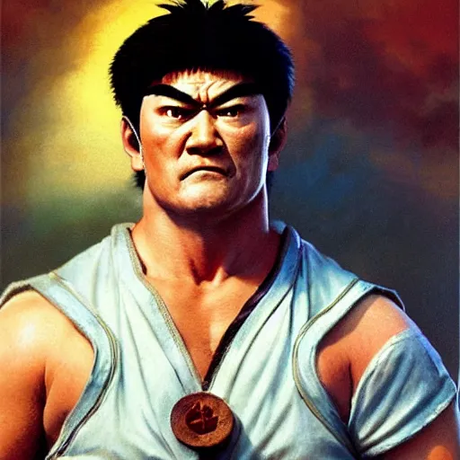 Image similar to ultra realistic david koechner as ryu from street fighter, painting by frank frazetta, 4 k, ultra realistic, highly detailed,