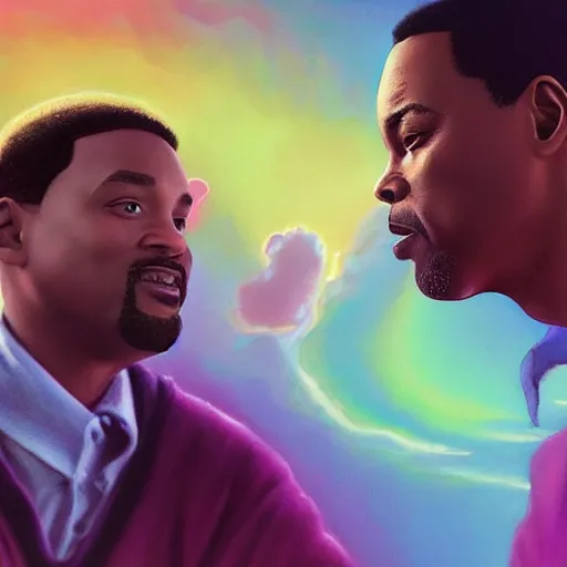 Prompt: “A beautiful ultradetailed painting of will smith slapping Chris rock, light effect, very detailed, by beeple, Makoto Shinkai, 4k, Trending on artstation, ultrawide lens”