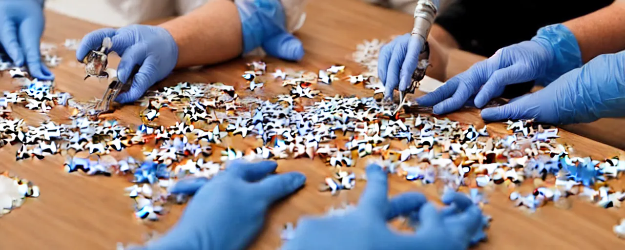 Prompt: a surgeon with realistic hands using a scalpel on a jigsaw puzzle on a table