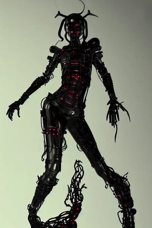 Image similar to full-body cyberpunk style sculpture of a young beautiful dark priestess, half android with a head opening exposing circuitry, glowing red eyes, black roses, flowing blood-red colored silk fabric, candles. baroque elements, human skull. full-length view. baroque element. intricate artwork by caravaggio. crows flying in background. Trending on artstation, octane render, cinematic lighting from the right, hyper realism, octane render, 8k, depth of field, 3D