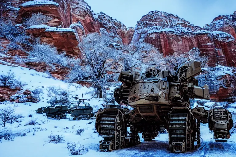 Image similar to cinematography of a cinematic ultra realist and ultra intricate detailed photo of a beautiful sci-fi armored mech shootout in Zion national park by Emmanuel Lubezki