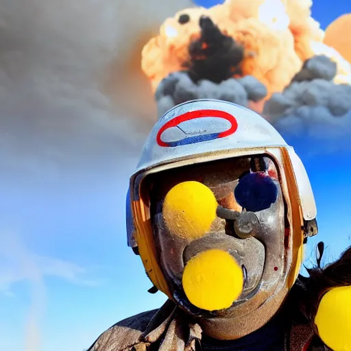 Image similar to selfie of the last surviving ukrainian with children with evil faces, all in helmets with weapons, wild pain and damage to the body burns alive to the bone, painted in dirty yellow - blue colors, a huge nuclear explosion is approaching in the background, a very detailed photo