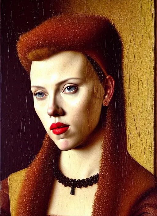 Image similar to portrait of scarlett johansson, oil painting by jan van eyck, northern renaissance art, oil on canvas, wet - on - wet technique, realistic, expressive emotions, intricate textures, illusionistic detail