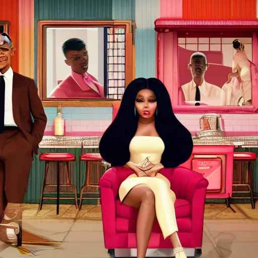 Image similar to illustration of nicki minaj sitting next to barack obama in a 6 0's vintage barbershop in queens, symmetrical, cinematic scene, brownish colors, hyper realistic, highly detailed faces, octane render, trending on artstation