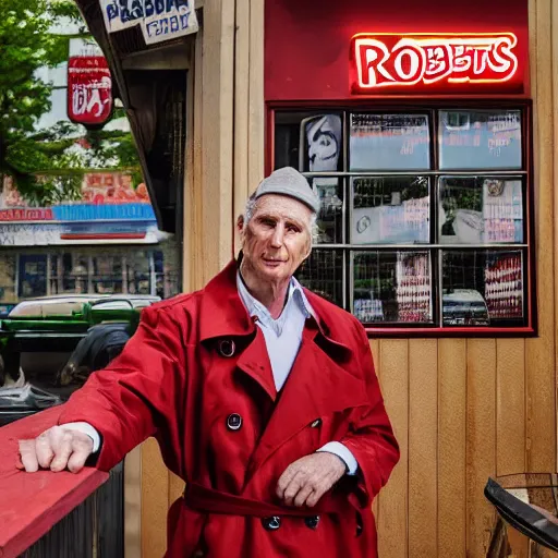 Prompt: magazine add for robert stack fried chicken wearing a trench coat unsolved mystery chicken ( sony a 7 r iv, symmetric balance, polarizing filter, photolab, lightroom, 4 k, dolby vision, photography awardm, voque, perfect face )