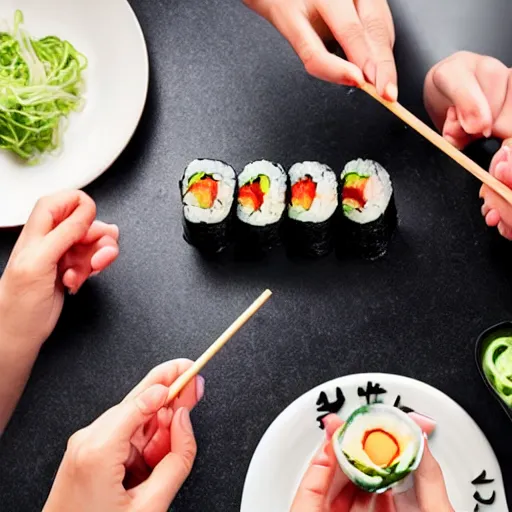 Prompt: a hand with tentacles instead of fingers, reaching out with chopsticks to take a piece of sushi