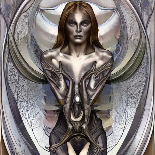 Image similar to professional digital painting, extreme illustration of an alien by H R Giger + artgerm, alphonse mucha ::