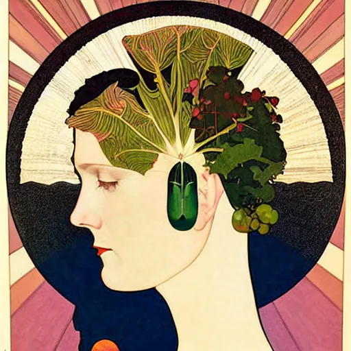 Prompt: Art in the style of Coles Phillips, Gaia, Mother Earth, side portrait, Mucha, Georgia O'Keeffe