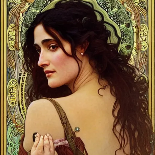 Image similar to detailed portrait art nouveau painting of salma hayek, by Alphonse Mucha, Michael Whelan, William Adolphe Bouguereau, John Williams Waterhouse,and Donato Giancola