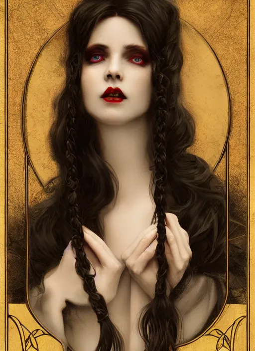 Image similar to tarot!!, pale, beautiful victorian vampire with long hair, fantasy, elegant, concept art, sharp focus, beautiful face!!, digital art, Hyper-realistic, 4K, Unreal Engine, Highly Detailed, HD, Dramatic Lighting, Beautiful, by Brom, trending on Artstation, face byTom Bagshaw, Sargent