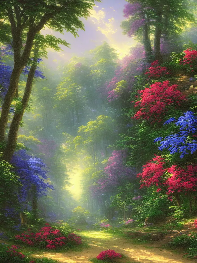 Prompt: forest with flowers blue, Digital Matte Illustration by asher brown durand and thomas kinkade