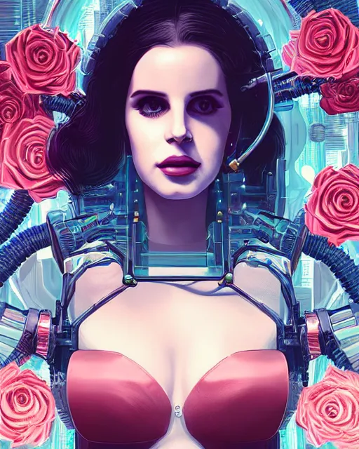 Image similar to portrait of lana del rey as a cyberpunk cyborg. sci - fi intricate abstract upper body intricate artwork, roses, rose petals by tooth wu, wlop, beeple, dan mumford. concept art, octane render, trending on artstation, greg rutkowski, asymmetrical, cinematic arthouse, key art, hyper realism, iridescent accents