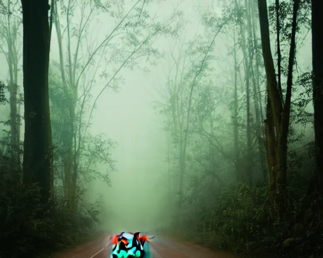 Prompt: a lomography photo of crocodile with fairy wings on foggy forest road this morning, bokeh,
