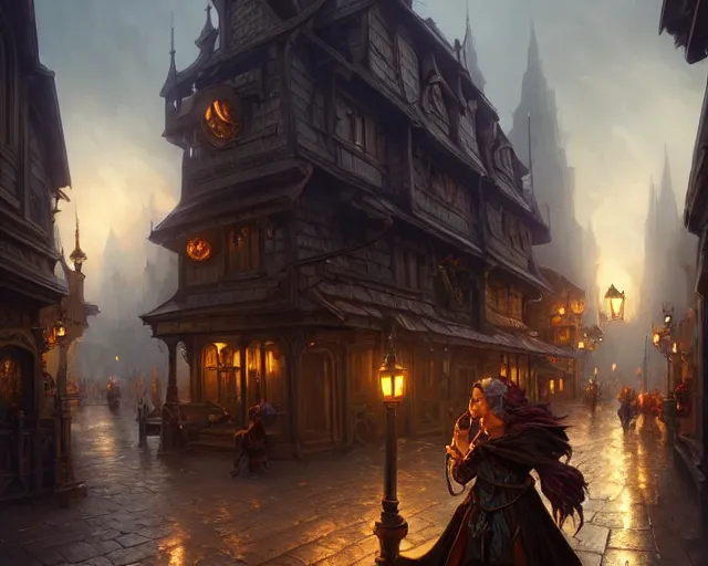 Prompt: fantasy town streets, cloudy, dark, natural lighting, deep focus, d & d, fantasy, intricate, elegant, highly detailed, digital painting, artstation, concept art, matte, sharp focus, illustration, hearthstone, art by artgerm and greg rutkowski and laura sava and alphonse mucha