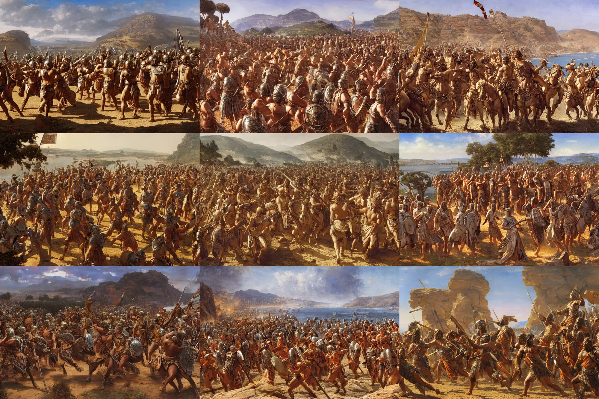 Prompt: Wide shot of the battle of Cannae 216 BCE, with republic-era Roman soldiers in formations, Carthaginian phalanxes in formations, overlooking river Aufidius Italy, intricate, elegant, highly detailed, donato giancola, Joseph Christian Leyendecker, WLOP, Boris Vallejo, Artgerm