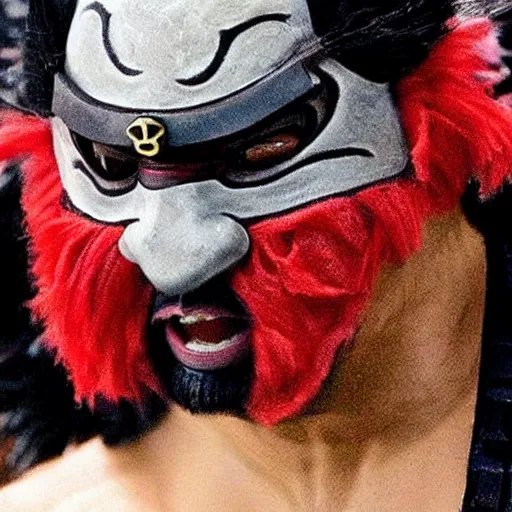 Prompt: big buff very strong very buff samurai wearing an oni mask, accurate detailed wellmade movie still