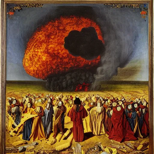 Prompt: a nuke explosion painted by Jan Van Eyck