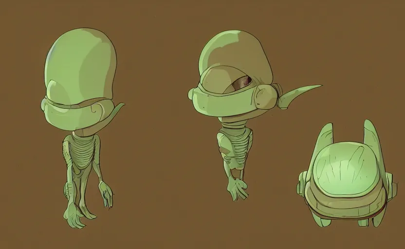 Prompt: cell - shaded cartoon of a miniature alien creature. 1 9 7 0 s science fiction, moody, misty, depth perception, 4 k, artstation, in the style of studio ghibli