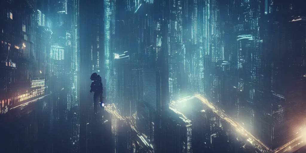 Prompt: a man jumps into the void, futuristic city, night, window, volumetric lighting, cinematic lighting, depth of field, bokeh, dream like, blade runner