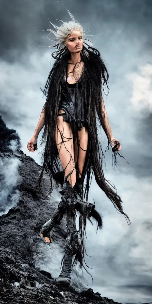 Image similar to volcano eruption post apocalyptic scene with a long haired flowing blonde cyber girl futuristic rick owens bladerunner stormy weather