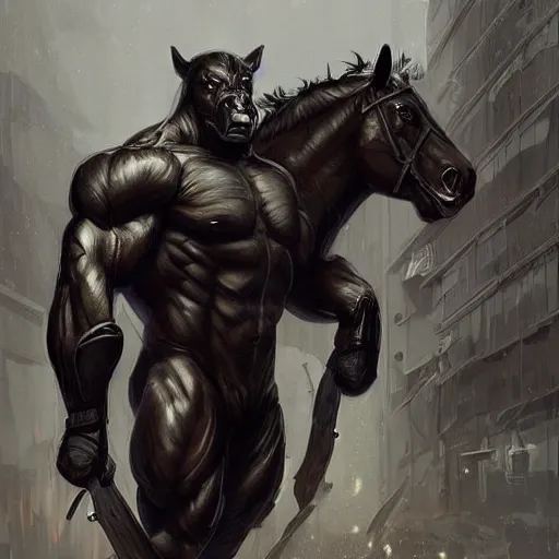 Prompt: a massive musclebound dark male anthro horse with an exaggeratedly muscular physique wearing a leather kevlar outfit protecting a facility, equine, highly detailed, digital painting, artstation, sharp focus, game art, concept art, illustration, art by artgerm, greg rutkowski, wlop