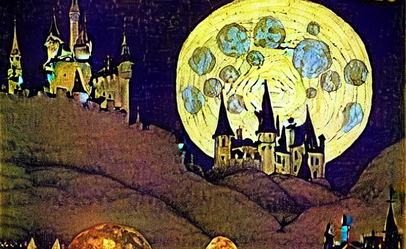 Image similar to medieval painting by mikhail vrubel, full moon, french gothic burning! castle, bats flying away from castle, blur, bokeh,