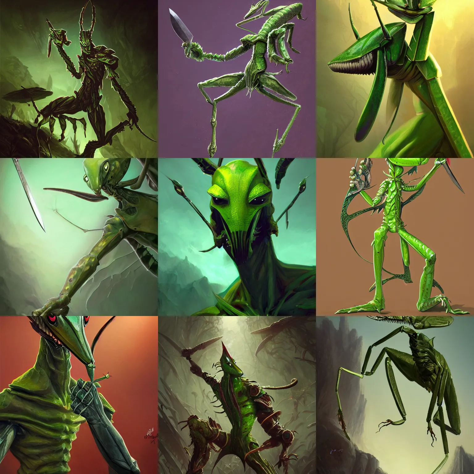 Prompt: stunning mid - shot portrait of a green anthropomorphic mantis religiosa holding a magical enchanted assassin dagger in powerful front forearms ; hard predatory look ; d & d rogue ; flat triangle - shaped head with antennae ; concept art ; artstation ; 8 k ; wallpapers ; heavy contrast ; cinematic art ; cgsociety ; art by greg rutkowski and artgerm