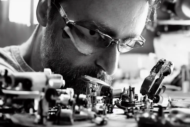 Image similar to cinematography closeup portrait of a Man soldering repairing robot parts in his garage by Michael Bay