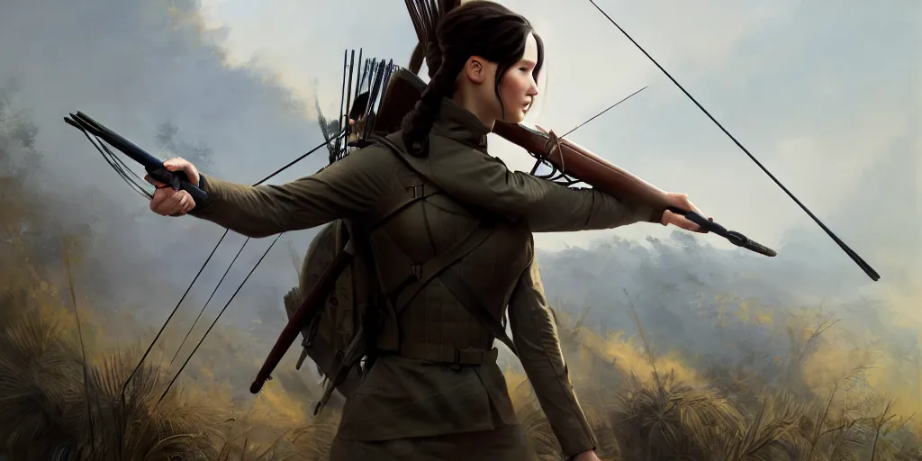 Image similar to katniss everdeen during the gallipoli campaign, world war 1, extremely detailed digital painting, in the style of fenghua zhong and ruan jia and jeremy lipking and peter mohrbacher, mystical colors, rim light, beautiful lighting, 8 k, stunning scene, raytracing, octane, trending on artstation