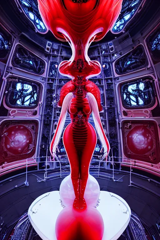 Image similar to background space station, red baroque inflateble dress iris van herpen positing on floor, helmet instead of a head, perfect symmetrical, full body shot, inflateble shapes, wires, tubes, veins, jellyfish, white biomechanical details, wearing epic bionic implants, masterpiece, intricate, biopunk, vogue, highly detailed, artstation, concept art