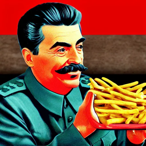 Image similar to joseph stalin enjoying a happy meal at mcdonald's, colored, 8 k, hyperdetailed