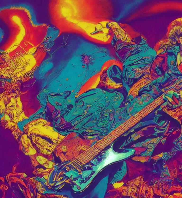 Prompt: colourful jimi hendrix playing guitar, afrofuturist biomorphic opart flowing scifi background, octane render 8 k, pascal blanche, josh kirby, roger dean, james jean, giger, arthur rackham, moebius, syd mead, killian eng beksinski, greg hildebrandt, scifi, 8 k