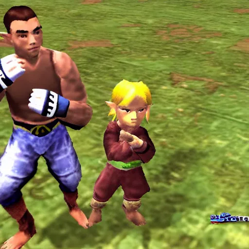 Prompt: character screenshot of ufc fighter colby covington in ocarina of time, n 6 4 graphics, field, sd video, legend of zelda, dialog text