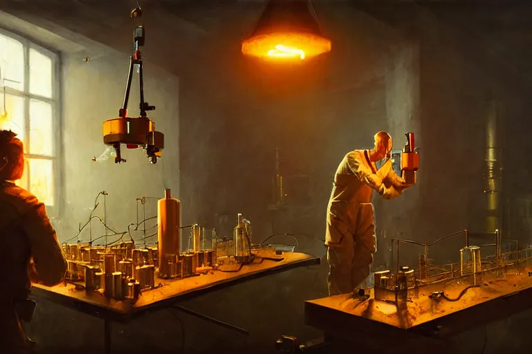 Image similar to scientist performing a explosive experiment by otto dix and greg rutkowski and andreas rocha, cinematic lighting, highly detailed, warm colours, 8 k