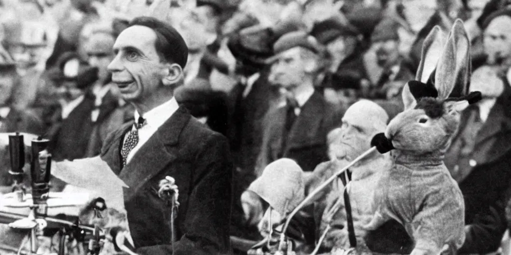 Image similar to Cute Bunny as Joseph Goebbels giving Total War speech