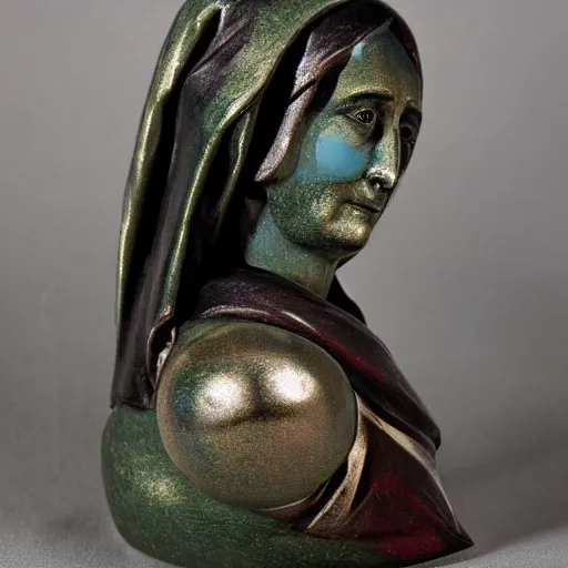 Prompt: holy roman chalkware bust of a crying our lady of sorrows antique painted sacred Catholic pearlescent coloring