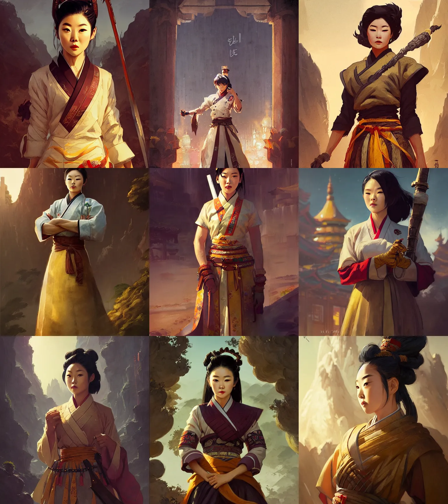 Prompt: a portrait of arden cho chef character in a scenic korean city environment by marco bucci and greg rutkowski and frank frazetta, sharp focus, detailed, cinematic, hanbok, sheathed golden ornate korean sword