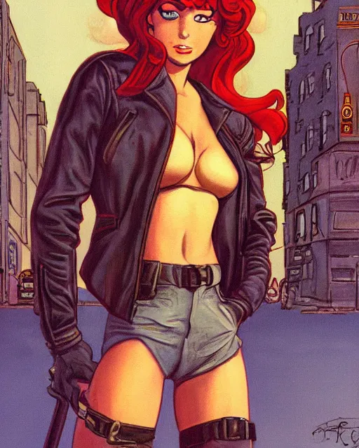 Image similar to young female protagonist in leather jacket, city street, artwork by ralph bakshi