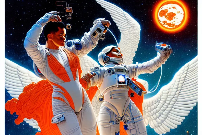 Prompt: a beautiful space angel fixing an android by dan mumford and josan gonzalez and gil elvgren and william etty and norman rockwell, vibrant, white outfit, highly detailed, intricate, orange details, blue sky, comic lines, hyperrealism