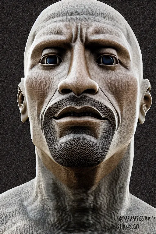 Prompt: (Dwayne Johnson carved anthracite portrait) sculpture by Rodin, ethereal, cinematic, weta workshop, ray trace, Zbrush, 3d sculpture, glow, cinematic, low light, photorealistic, volumetric, realistic, octane render, golden ratio, law of thirds, studio lighting, rim light, photo-bash, 8k post-production, hyperrealism, 80mm lens