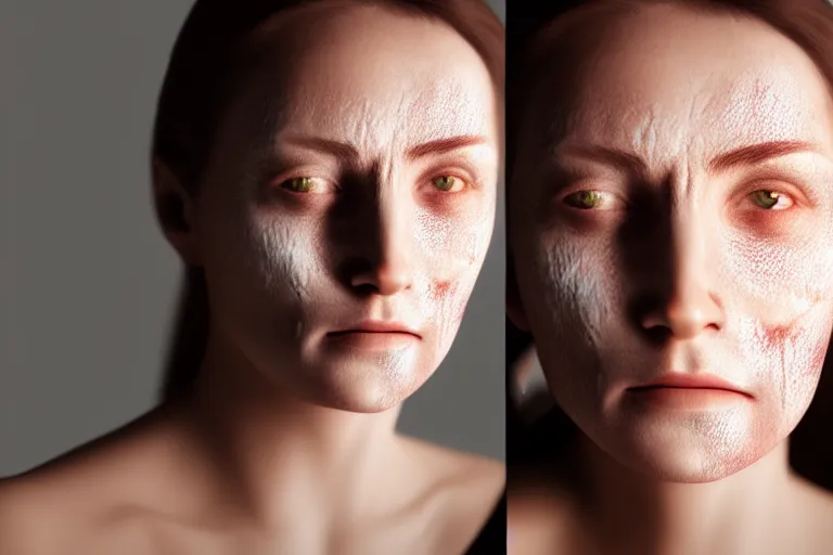 Image similar to a realistic portrait of a woman with scars on the face, volumetric lighting