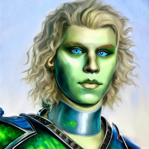 Image similar to oil painting of a beautiful platinum blond curly haired cleanshaven himbo with heterochromia, one blue eye one green eye, wearing heavy armor, d & d fantasy concept art