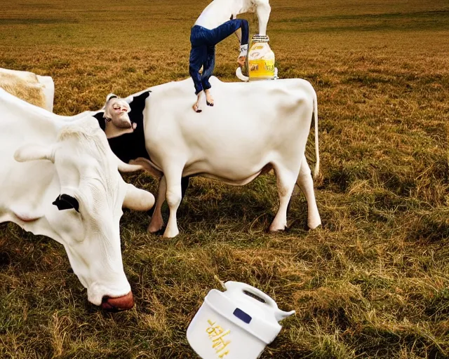 Prompt: incredible absurd nihilistic surreal photoshoot advertisement for dairy products such as milk, people enjoying milk in the style of tim walker, cow farm, vsco film grain