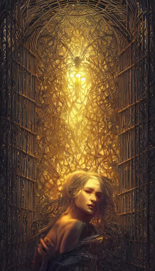 Image similar to bird in a cage, fame of thrones, lord of daggers, neon, fibonacci, sweat drops, insane, intricate, highly detailed, digital painting, artstation, concept art, smooth, sharp focus, illustration, Unreal Engine 5, 8K, art by artgerm and greg rutkowski and alphonse mucha