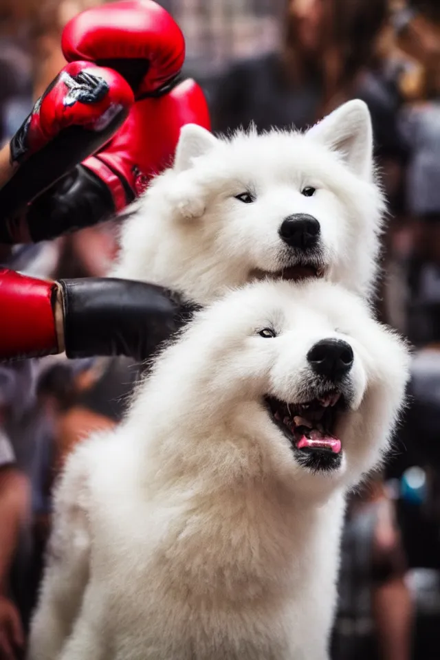 Image similar to samoyed dog head on a human body as a muay thai kickboxer, gloves on hands, cinematic