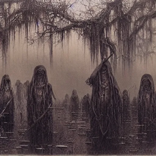 Prompt: occult members gather in a louisiana bayou swamp, highly detailed horror beksinski painting