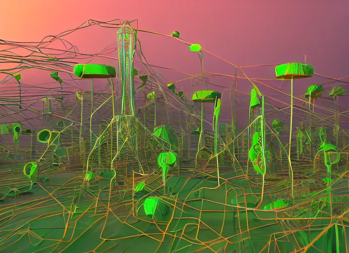 Image similar to meadows inspired by compression algorithms, alien plants, giant computer-circuitry structures sticking out, abstract, pastel tones, low-poly, ray-tracing, 4k, high-quality render, trending on artstation