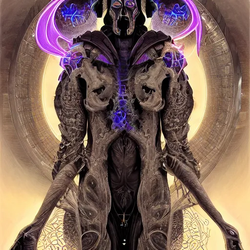 Image similar to a portrait of gemini light and dark neon cloaked grim reaper character portrait made of fractals facing each other, ultra realistic, wide angle, intricate details, the fifth element artifacts, highly detailed by peter mohrbacher, hajime sorayama, wayne barlowe, boris vallejo, aaron horkey, gaston bussiere, craig mullins