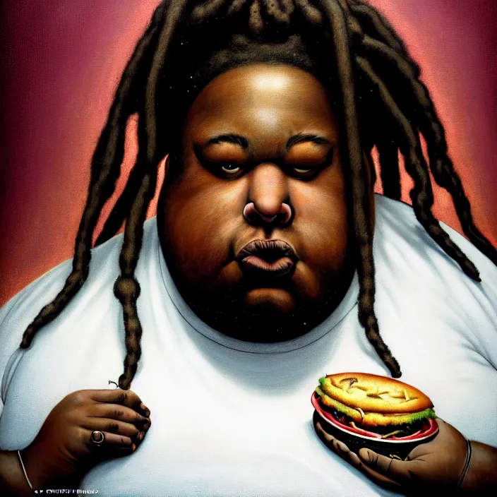 Image similar to hyperrealistic mixed media portrait of a moridly obese black man with dreads being sitting alone at a restaurant, depressing and hopeless vibe, stunning 3d render inspired art by P. Craig Russell and Barry Windsor-Smith + perfect facial symmetry + dim volumetric lighting, 8k octane beautifully detailed render, post-processing, extremely hyperdetailed, epic composition, grim yet sparkling atmosphere, cinematic lighting + masterpiece, trending on artstation